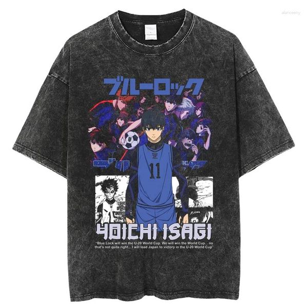 T-shirt da uomo Camicia oversize lavata vintage Blocco blu T-shirt Anime Manga T-shirt in cotone a maniche corte Harajuku Streetwear T-shirt unisex