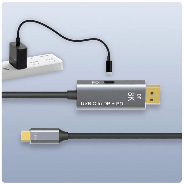 Tipo-C para DisplayPort 1.4 Cabo 8K com carregamento PD 8K 60Hz 4K 144Hz USB-C para DP Bidirectional Conversão