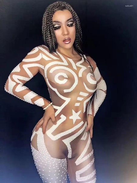 Sahne Giyim Gece Kulübü Partisi Şarkıcı Dansçı Tayt Kostüm Geometrik Desen Rhinestones Tulum Uzun Kollu Sıska Sınırlı Sersi Seksi