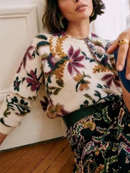 Kadın Sweaters Sonbahar Kış Kadın Yün ve Tiftik Floral Sweater 2024 Uzun Kollu Bayanlar O yaka gündelik jumper üst