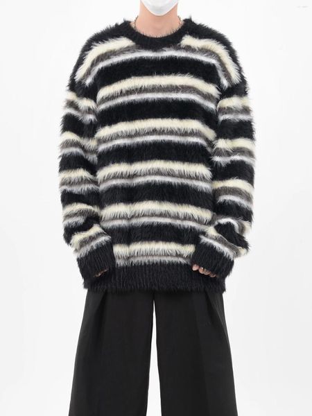 Giacche da uomo Autunno/Inverno Abiti stile avanguardia scura Maglione girocollo in mohair a righe Semplice maglia larga e larga