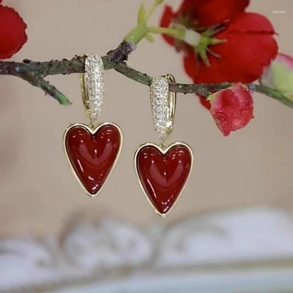 Orecchini a cerchio Romantico olio che gocciola pendente rosso amore zircone colore oro per le donne Moda retrò tendenza luce lusso regalo di compleanno per ragazze