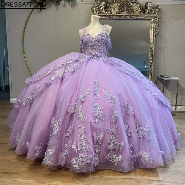 Nuovo arrivo lilla abito da ballo abiti quinceanera corte strascico perline fiori di pizzo appliques dolci 16 abiti da ballo di fine anno