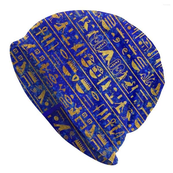 Baskenmützen, blaue und goldene Hieroglyphen, Beanie-Mütze, Strickmützen, Herrenmode, Unisex, altes Ägypten, Kunst, warme Winter-Skullies, Mützen