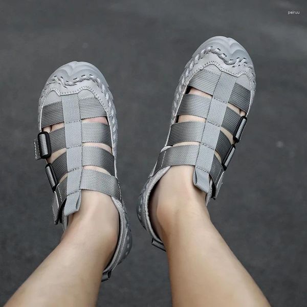 Sandalet moda erkekler kalın taban açık plaj nefes alabilen yaz trekking spor ayakkabıları nubuck deri kauçuk tıkanma erkek 2024 satış