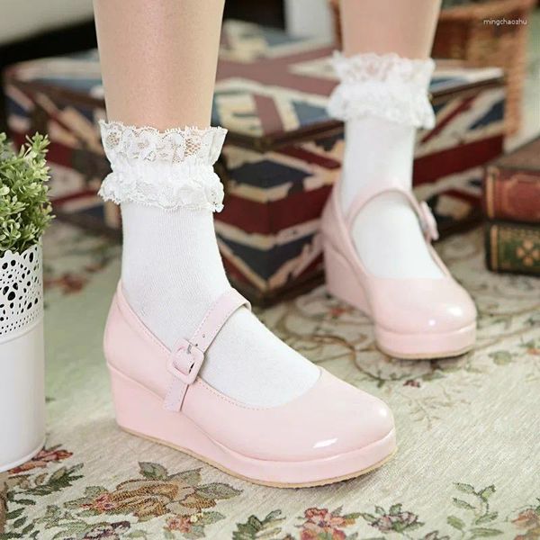 Sapatos de vestido Anime Cosplay Doce Lolita Cabeça Redonda Muffin Salto Mulher Bowknot Kawaii Loli Cos Cunha Feminino Pu Calçado Feminino