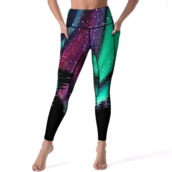 Активные брюки, зимние ночные небесные леггинсы для йоги, женские леггинсы с принтом северного сияния и высокой талией, кавайные леггинсы, эластичный дизайн, фитнес