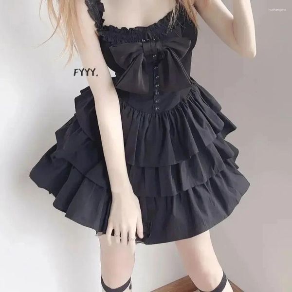 Vestidos casuais original lolita harajuku arco plissado emenda preto y2k vestido doce meninas moda temperamento bonito magro gótico jsk mini