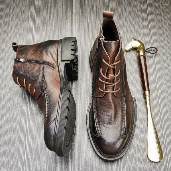 Stiefel Herren Leder High-Top-Schuhe mit dickem Boden, runder Kopf, bequem, rutschfest, lässig, seitlicher Reißverschluss, kurze Botas Masculinas