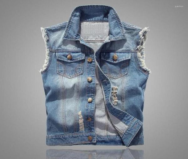 Men039s Jacken Männer Weste Ärmellose Jacke Mode Zerrissene Baumwolle Jean Westen Einreiher Turndown Kragen Weste Täglichen We8349338