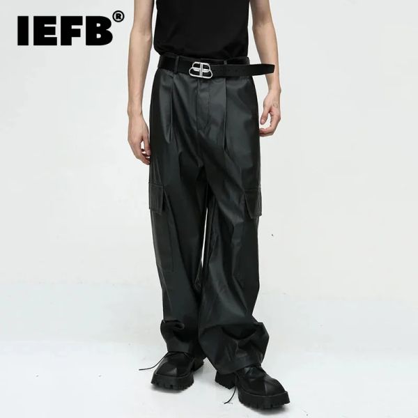 Брюки IEFB, мужские трендовые кожаные брюки, плиссированные нишевые брюки в американском стиле, осень 2023, новинка уличной одежды, однотонные повседневные брюки 9C3193