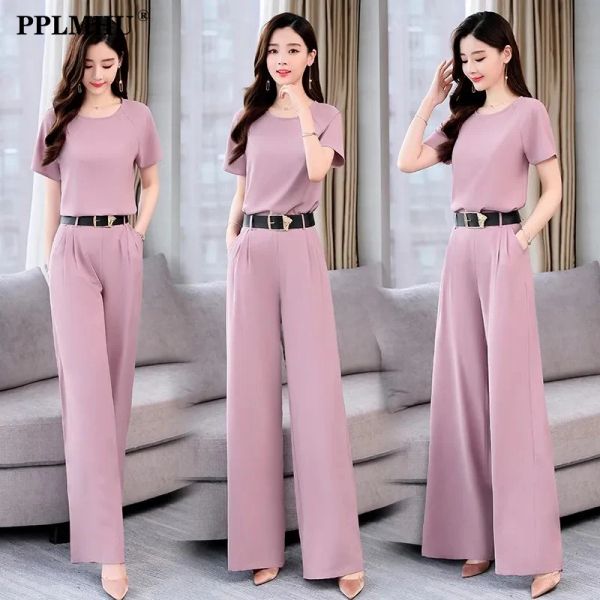 Anzüge Koreanische Mode Breite Bein Hosenanzug Elegante Chiffon Solide 2 Stück Set Frauen Outfit Casual Kurzarm Gürtel Top und Hosen Sets