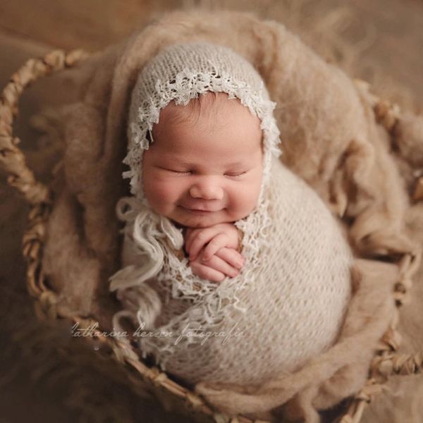 Conjuntos de roupas para fotografia de recém-nascidos, chapéu mohair + envoltório 2 tamanhos, adereços para fotos de bebê, acessórios para estúdio de tiro infantil, boné de malha