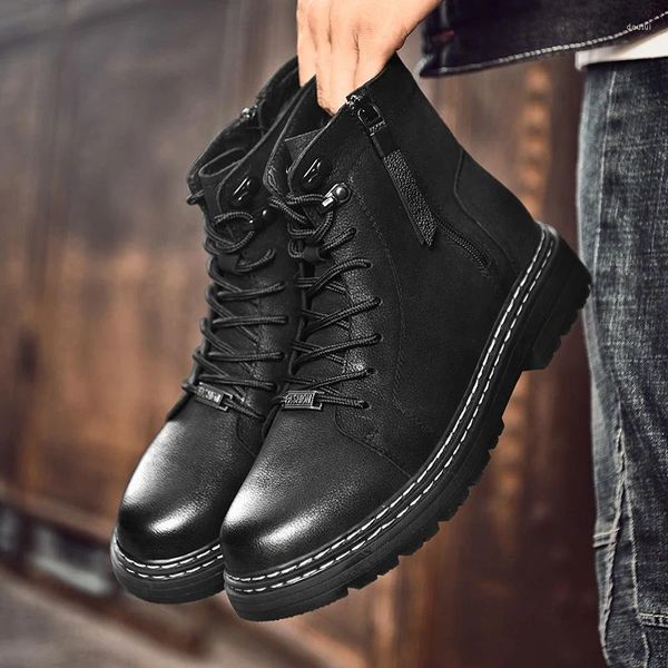 Мужские ботинки до щиколотки, повседневная обувь, черные мужские мотоциклетные ботинки в стиле панк из натуральной кожи, зимние меховые теплые мужские мотоциклетные ботинки на шнуровке