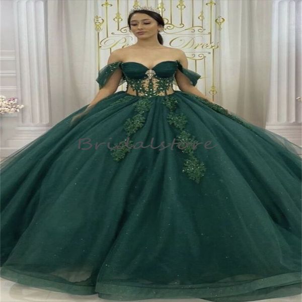 Принцесса Изумрудно-зеленые платья Quinceanera 2024 с открытыми плечами и прозрачными хрустальными аппликациями Платье на пятнадцать дней рождения Vestidos Xv Anos Para 15 Пром платья Quinceanera