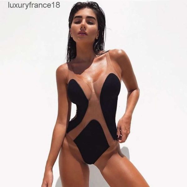 Mulheres Swimwear Sexy Malha Patchwork One Piece Swimsuit 2023 Verão Praia Ver Através Maiô Mulheres Biquíni Skinny Bodysuits''gg''CNKF