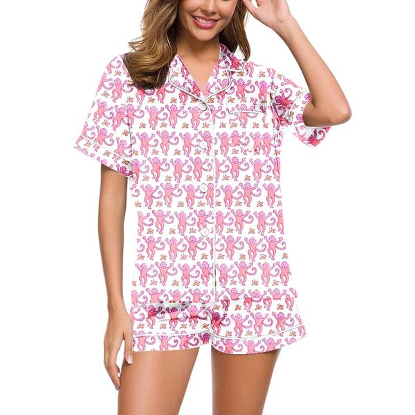 Damen-Pyjama mit Affenmuster und kurzärmeligen Knöpfen, lustiges Grafik-Shirt-Pyjama-Set, zweiteilige kurzärmelige Unterwäsche 240301