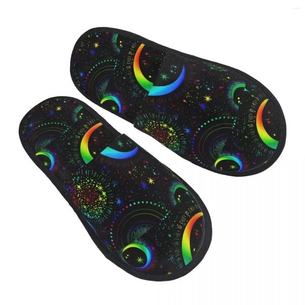 Chinelos arco-íris esboçado luas estrelas chinelo para mulheres homens fofo inverno quente interior