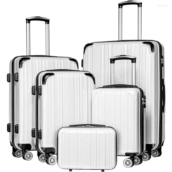 Valigie Bagagli espandibili Set da 5 pezzi PC ABS Spinner Valigia 20 pollici 24 28 (griglia bianca)