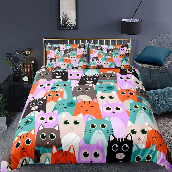 Setler Cat Nevresim Kapak Polyester Deseni Yatık Oynatıcı Kedi Karakterleri, Dekoratif 3 Parça İkiz Yatak Seti