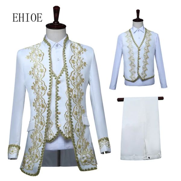 Anzüge Ehioe Herren 3-teiliger Anzug Mittelalterliche bestickte Jacke Weste Hose Royal Court Herren Hochzeitsanzug Europäische Retro Hofkleid Kostüme