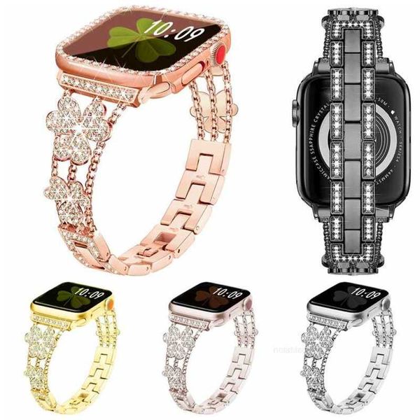 Tasarımcı Lüks Bling Elmas Saat Kayışları Apple Watch Bantları 49mm 45mm 38mm 40mm 42mm 44mm Metal Kadınlar Glitter Clover Band Iwatch Serisi Ultra 8 7 6 5 4 3 SE Designere