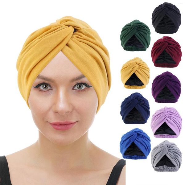 Bola Caps Mulheres Turbante Algodão Top Nó Flor Decoração Headwrap Senhoras Muçulmanas Capa de Cabelo Beanie Head Wear Sólido Torcido Índia Chapéu Acessórios