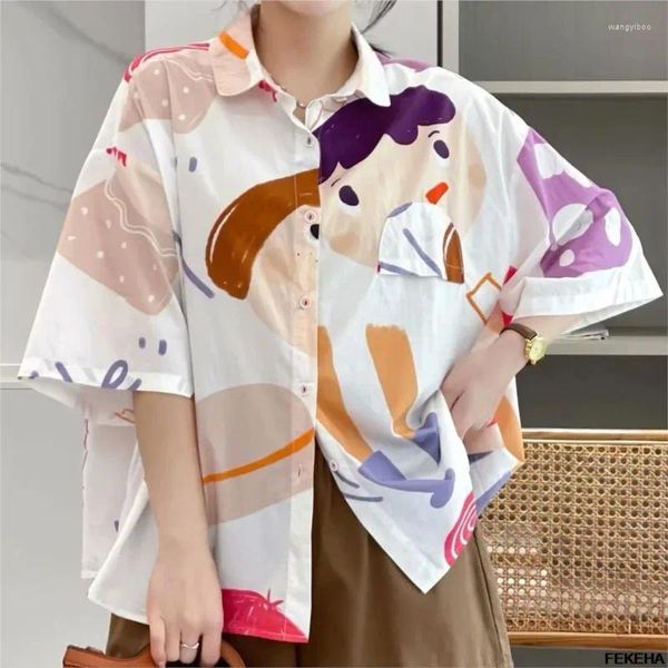Женские блузки, летние женские рубашки, шорты с мультяшным принтом, повседневные женские топы с рукавами, свободная женская одежда в японском стиле