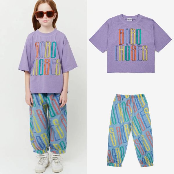 Брючная юбка, новинка 2023 года, летние детские футболки Bobo, джинсовый костюм для мальчиков и девочек, фиолетовый детский костюм с полным принтом, брючный костюм Bc для отдыха и любви
