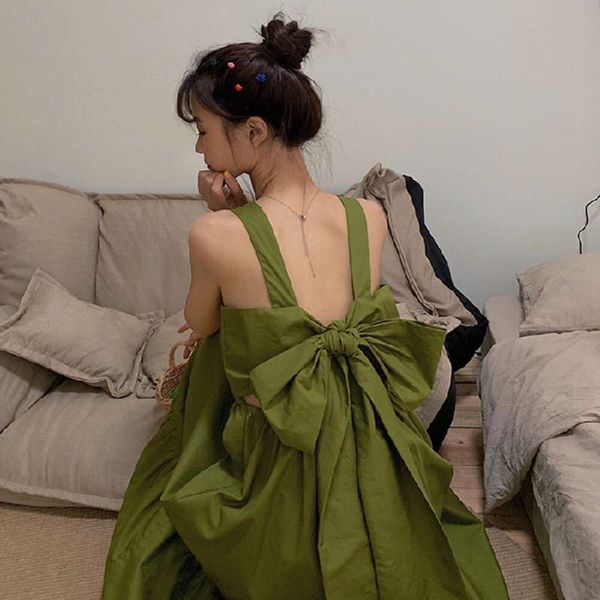 Super Fairy Forest Style Rock Avocado Green Suspender Koreanische Version Damenkleid Süßes rückenfreies Bogen-Feenkleid Summer1RRZ