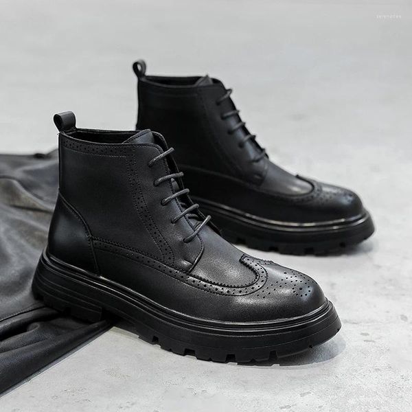 Botlar erkek moda gerçek deri oyma brogue ayakkabı parti ziyafet elbise kovboy platform boot yakışıklı ayak bileği botas maskulinas