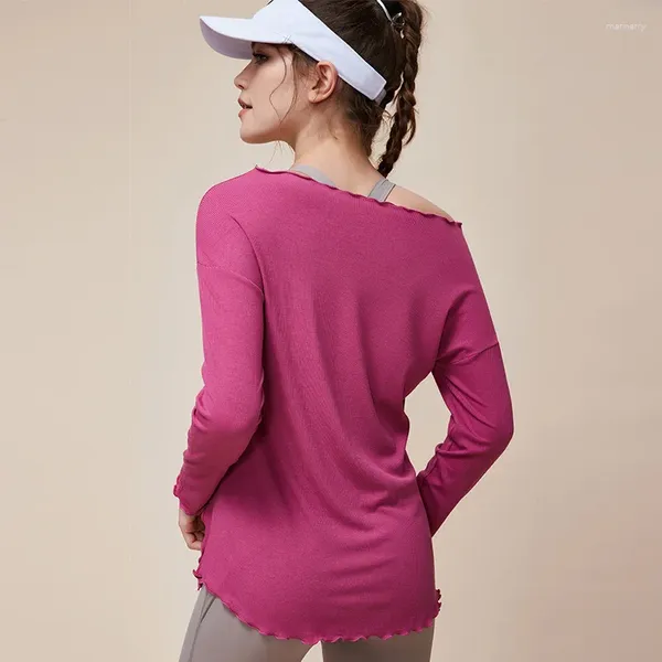 Camicie attive Manica lunga Donna Palestra Yoga Fitness Sport Personalità Spacco laterale Orecchio in legno Top in pizzo Copri natica Facile nodo elastico