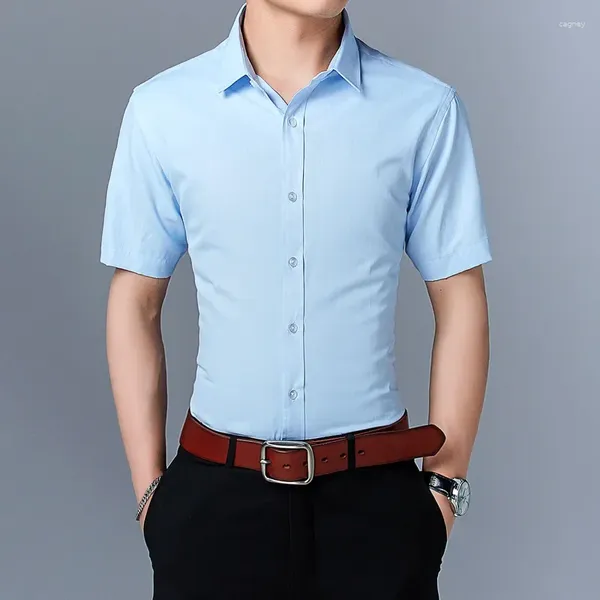 Camisas de vestido dos homens chegada camisa de manga curta moda coreana juventude casual fino ajuste sólido plus size roupas masculinas