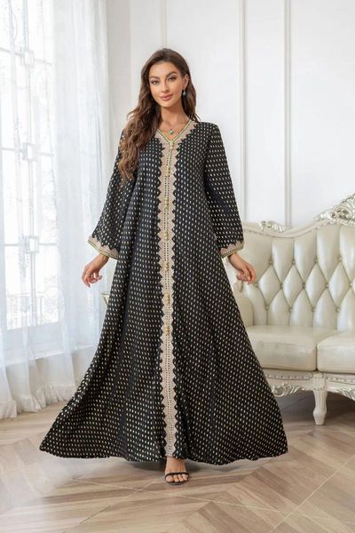 Ethnische Kleidung Abayas für Damen Dubai Eleganter Druck mit langen Ärmeln Arabisches Abendpartykleid Robe Applikation geknöpft Jalabiya Muslim