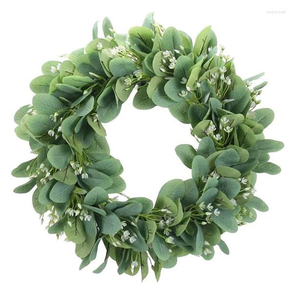 Flores decorativas 15.7 Polegada grinalda de eucalipto artificial folha verde falso boxwood primavera verão ao ar livre ornamentos para porta da frente