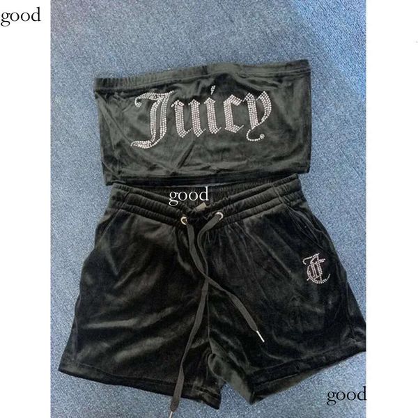 2024 Designer Mulheres Duas Peças Calças Juicy Moda Apple Veet Sexy com Broca Moda Tubo Crop Top Casual Cordão Shorts Set Solto Roupas de Verão Tracksuit 102