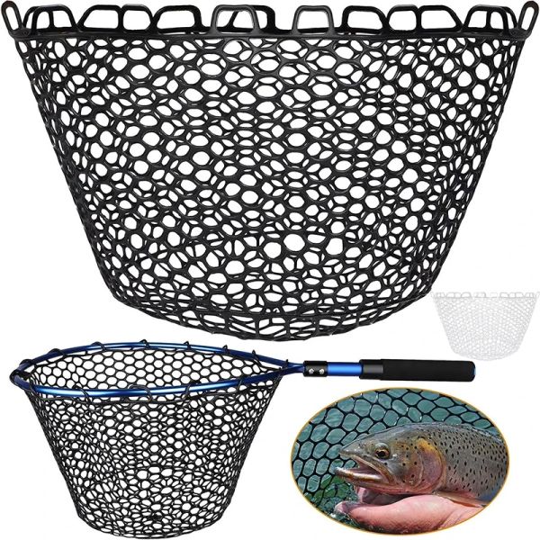 Werkzeuge Gummi-Fischernetz-Ersatznetz ohne Griff, transparente schwarze Fischernetze für Fische, Fliegenfisch-Kescher-Tasche, faltbares Netz