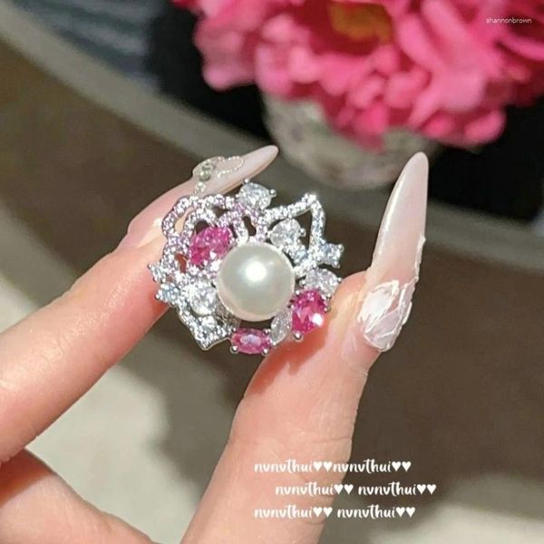 Anéis de cluster 2024 moda oco design flor de água doce pérola banda de casamento para mulheres luxo branco banhado a ouro noiva jóias presente
