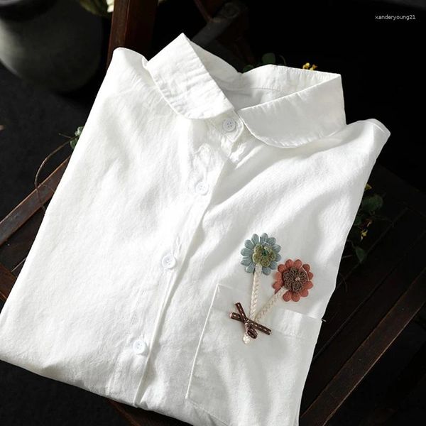 Blusas femininas primavera doce mão bordada flor solta camisa de manga comprida roupas femininas cor branca topos femininos