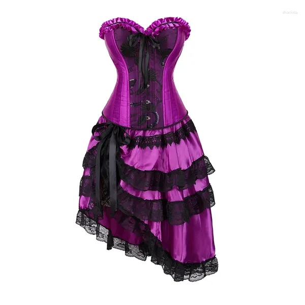 Saias Mulheres Gótico Burlesque Corset Vestido Roxo Cetim Lace Up Overbust Bustier Corselet Saia Conjunto Traje de Festa