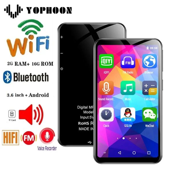 Плеер Yophoon Wi-Fi Bluetooth MP4-плеер 16 ГБ 3,6-дюймовый сенсорный экран Android Портативный Walkman Hi-Fi без потерь Музыкальное видео Mp3-плеер карты