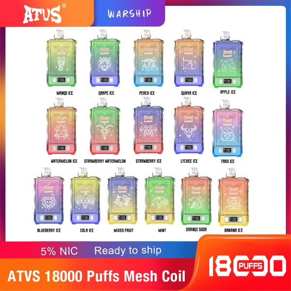 Original ATVS 18000 Puffs Einweg-Vape E-Zigaretten Puff 18K Vapes Pen 25 ml Mesh Coil Pod 750 mAh wiederaufladbarer Akku 0 % 2 % 3 % 5 % vorgefülltes Kartuschengerät