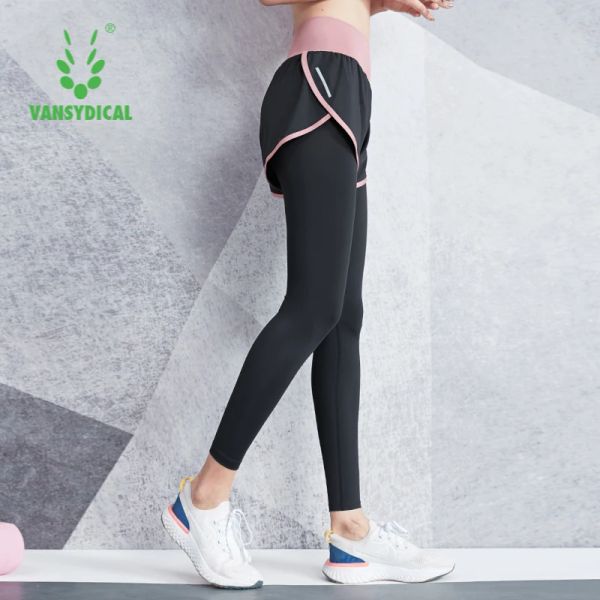 VANSYDICAL 2-in-1-Yogahose für Damen, gestreift, doppellagig, Kompressions-Laufstrumpfhose, aktive Sporthose für Damen, Gym-Leggings