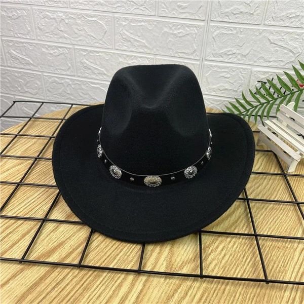 Beralar unisex Western kovboy kova şapkası Sonbahar Kış Erkekler Metal Kemer Geniş Sebir Retro Topper Caz Yünlü Kadınlar Cap