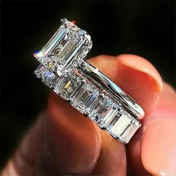 Halkalar Alyans Gümüş Basit Moda Takı Emerald Cut Beyaz Topaz değerli taşlar Çift Kadın Nişan Gelin Yüzük Set Hediye 240229