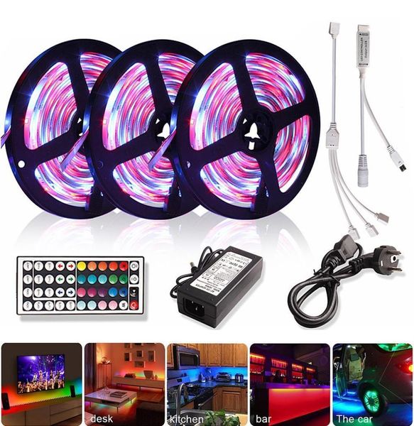 5M 10M 15M 2835 RGB Led Strip Light DC 12V RGB Diodo Nastro flessibile Nastro Tira Led Strisce luminose con adattatore telecomando IR2806918