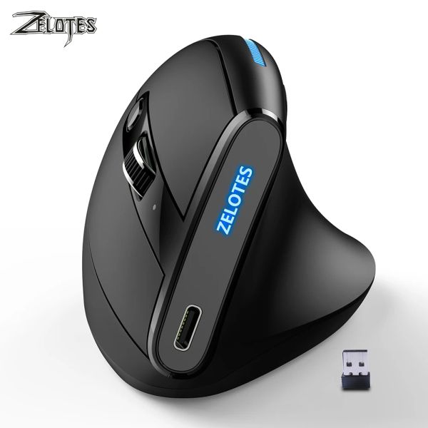 Mäuse ZELOTES F36A Ergonomische vertikale Maus 6 Tasten kabellose wiederaufladbare Mäuse 2400 DPI einstellbare Computer-PC-Gaming-Maus