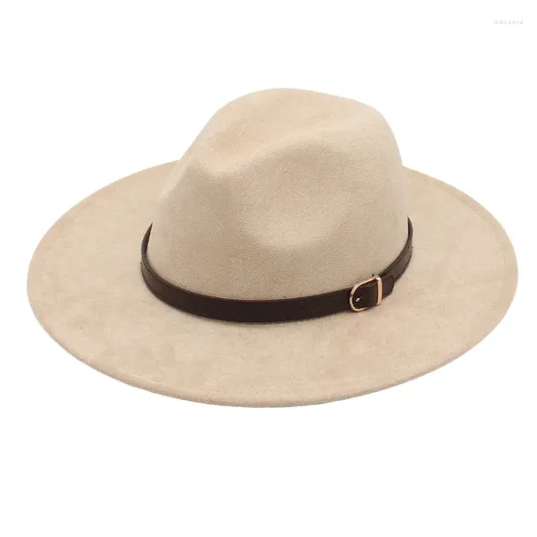 Berets Faux Suede Fedora Chapéus com Fivela de Cinto Panamá Primavera Verão Senti Cap Gentleman Top Wide Brim Sun Mulheres Elegantes