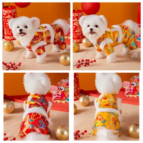 Abbigliamento per animali domestici Capodanno cinese Drago d'oro rosso Lucky Cloud Design Quattro piedi Costumi Tang Suit Gatti Cani Cappotto caldo per esterni Vestiti per animali domestici