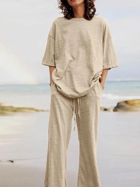 Pantaloni da donna a due pezzi Abito da casa in lino di cotone nero per le donne 2024 Pantaloni larghi con lacci larghi Pantaloni estivi Tuta da jogging Set 4XL